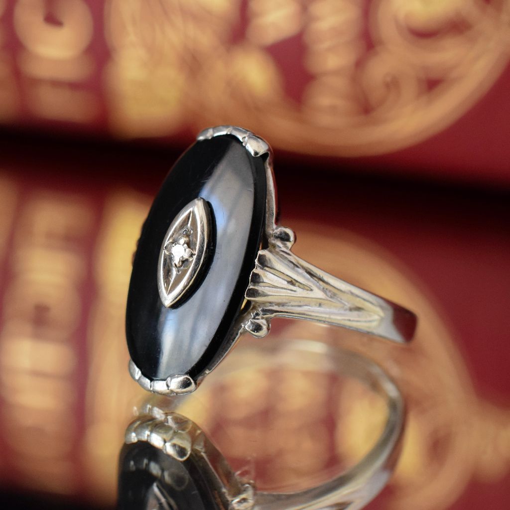 Vintage 10k White Gold Onyx Diamond Ring By Davidson & Sons New York