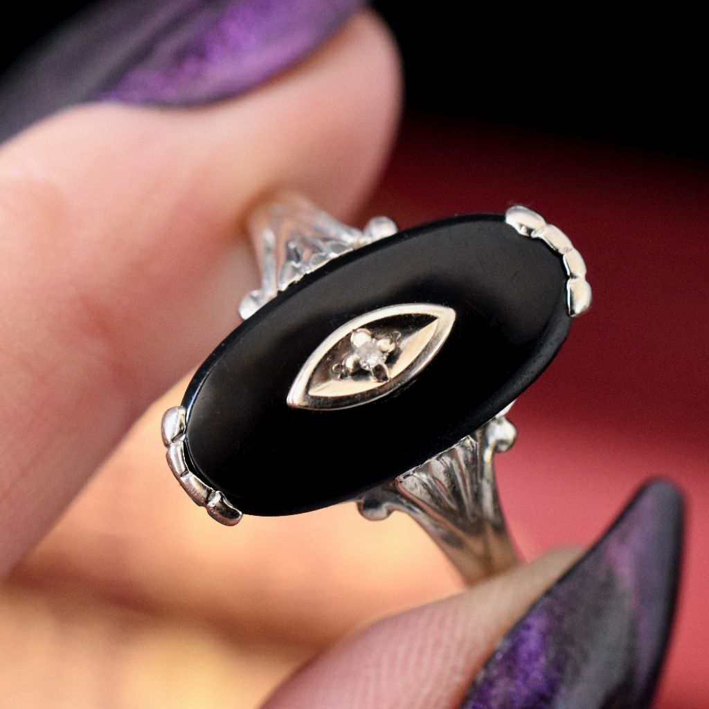 Vintage 10k White Gold Onyx Diamond Ring By Davidson & Sons New York
