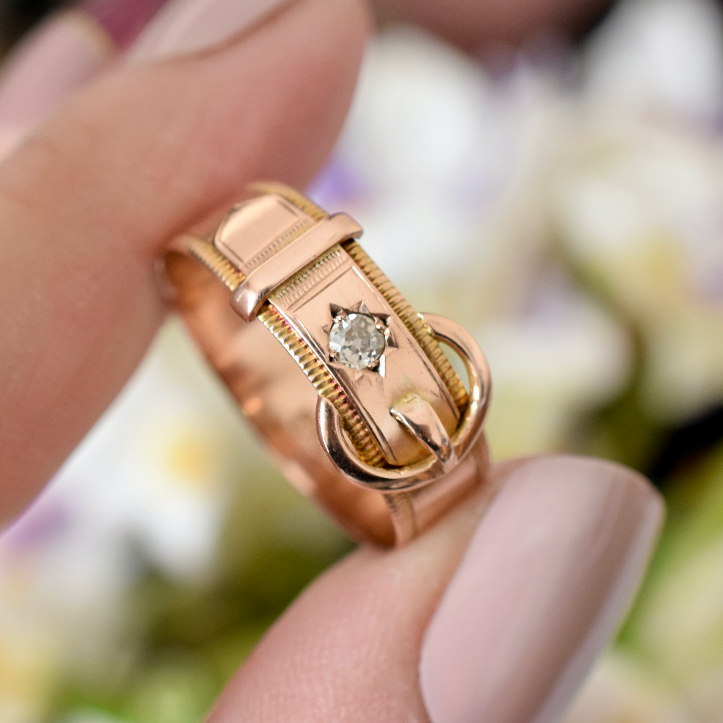 Antique Australian 9ct Rose Gold Diamond Buckle Ring By Willis and Sons Circa 1910