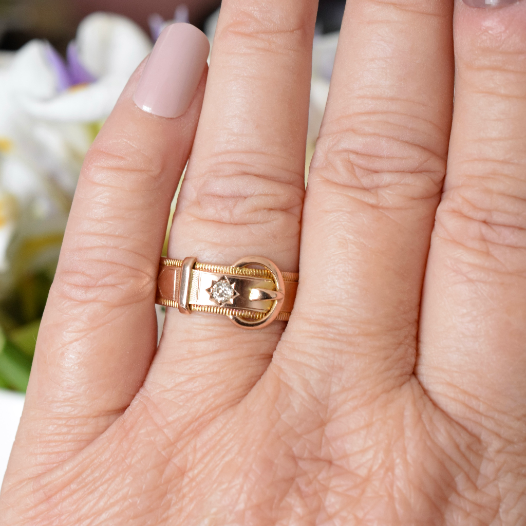Antique Australian 9ct Rose Gold Diamond Buckle Ring By Willis and Sons Circa 1910