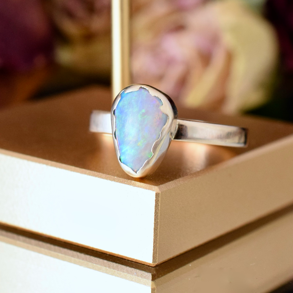 Modern 9ct Rose Gold Free Form Natural White Crystal Opal Ring