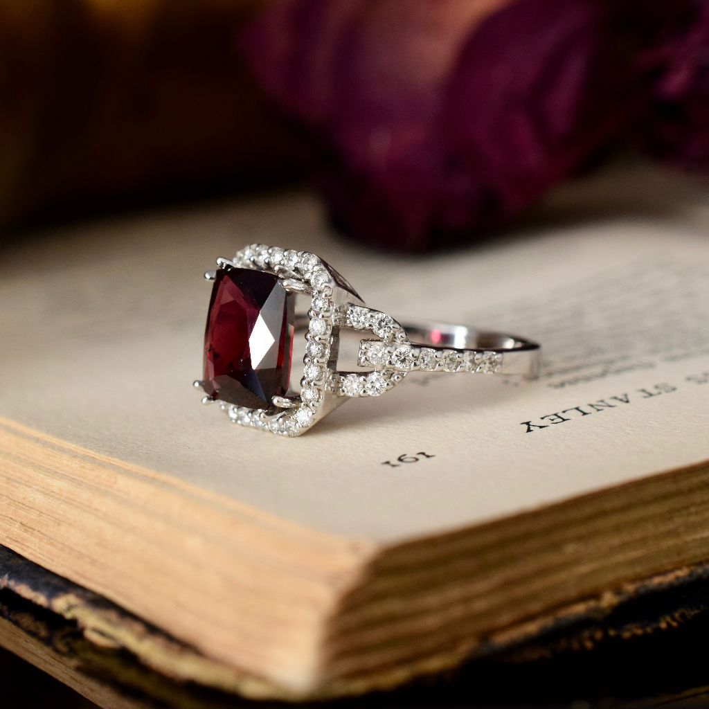 Modern 18ct White Gold Rhodolite Garnet And Diamond Halo Ring Independent Insurance Valuation For $4,400 AUD
