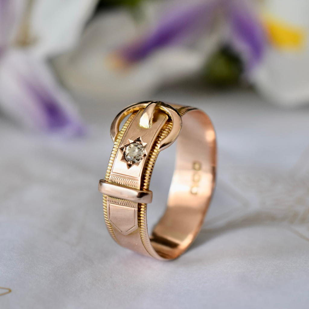 Antique Australian 9ct Rose Gold Diamond Buckle Ring By Willis and Sons Circa 1910