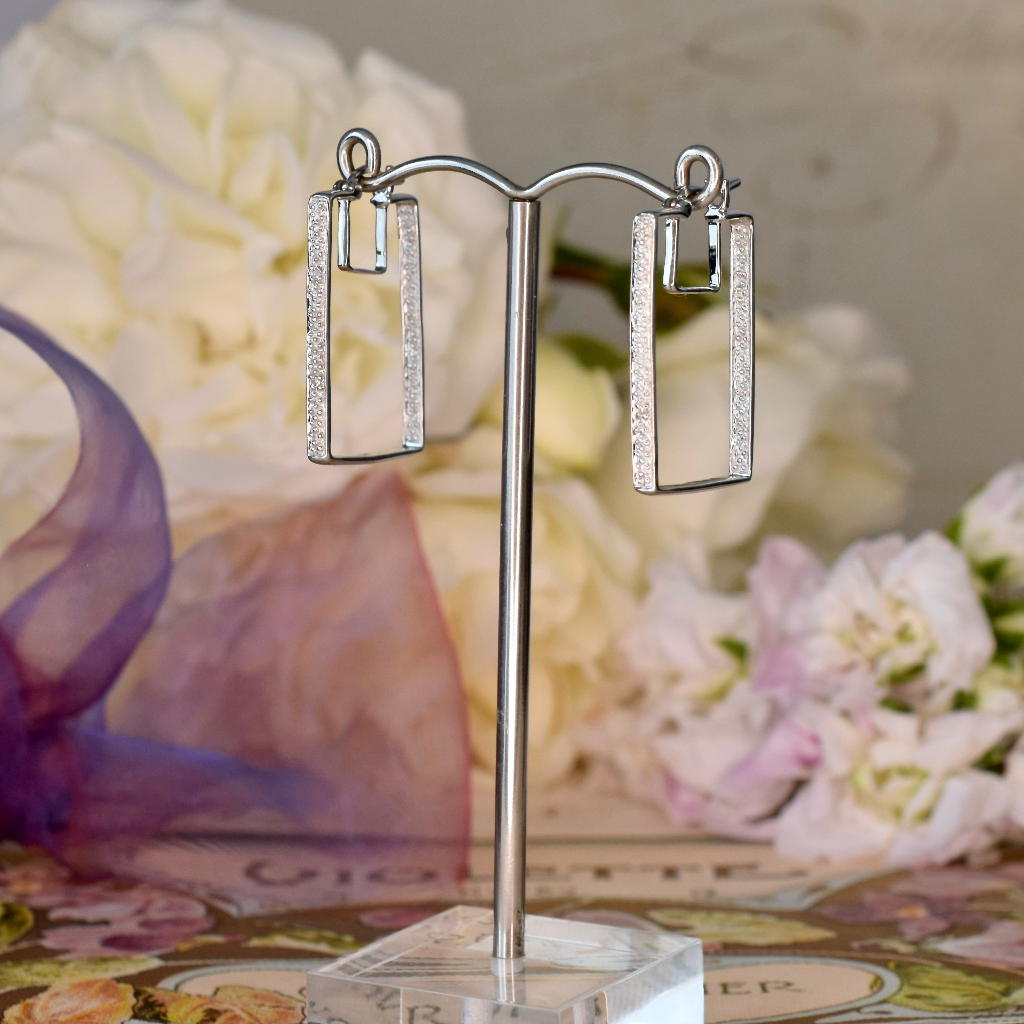 Modern 9ct White Gold And Diamond Rectangular Hoop Earrings