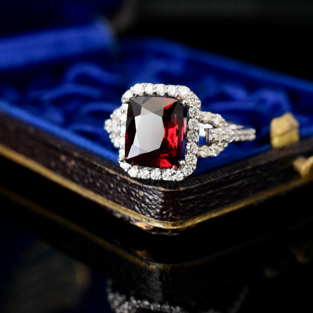 Modern 18ct White Gold Rhodolite Garnet And Diamond Halo Ring Independent Insurance Valuation For $4,400 AUD