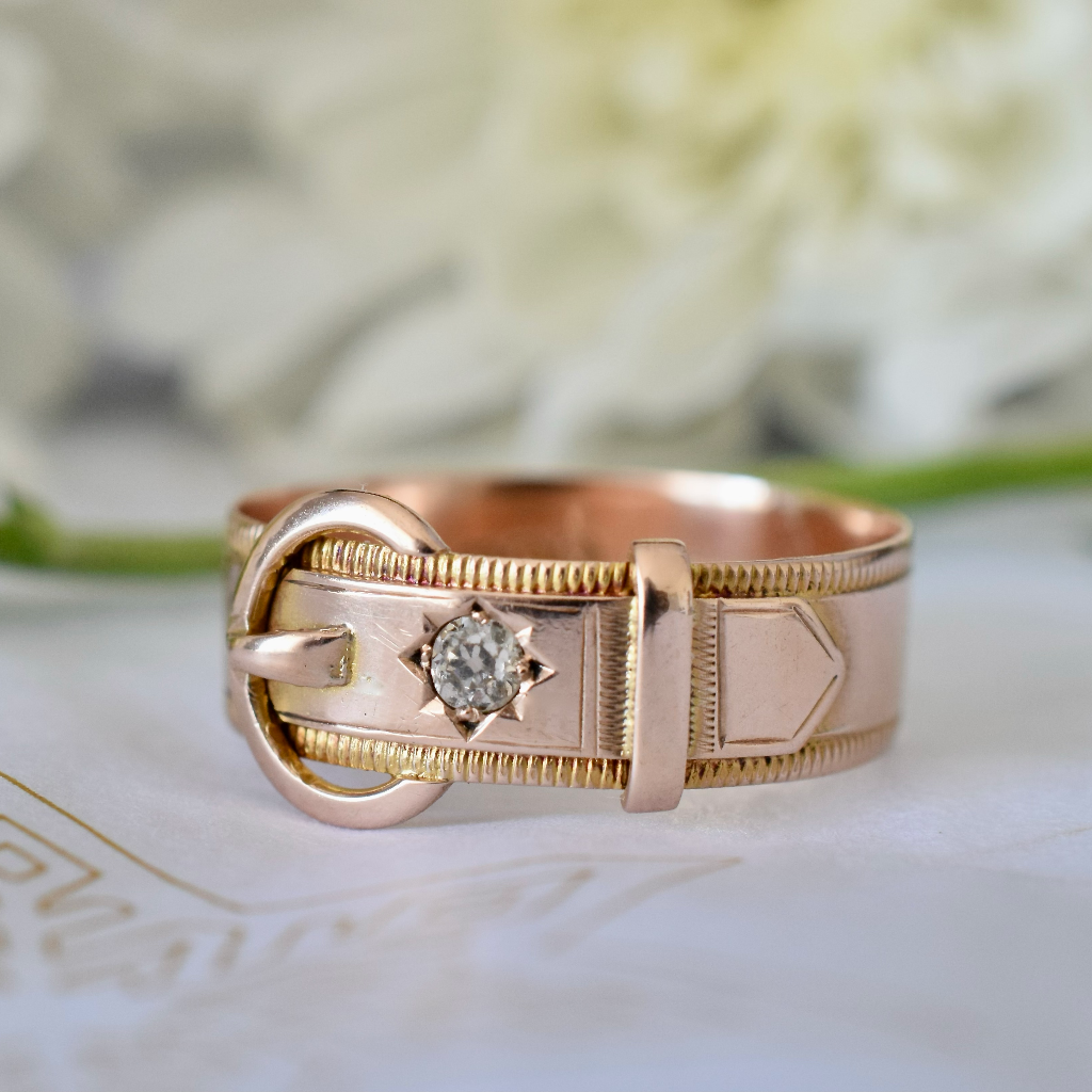 Antique Australian 9ct Rose Gold Diamond Buckle Ring By Willis and Sons Circa 1910