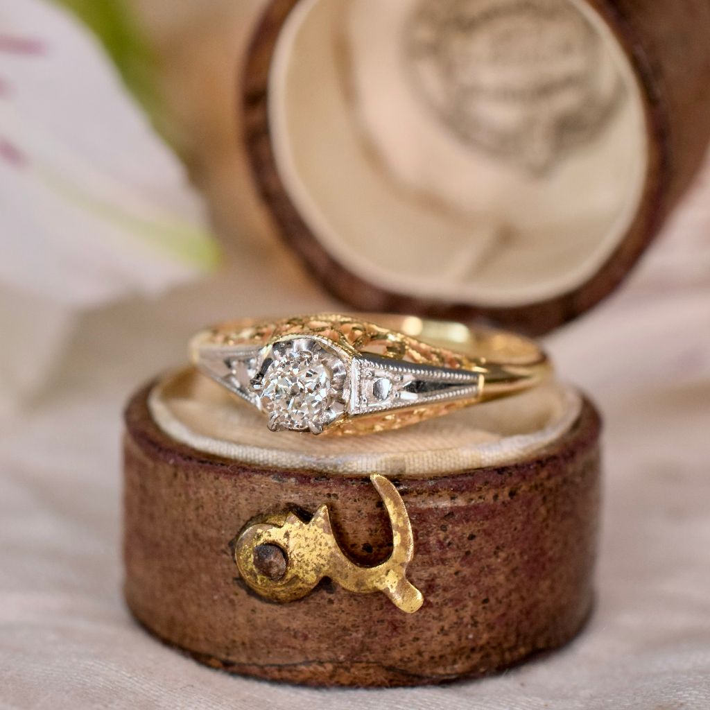 Antique Late Art Deco Era 18ct Yellow Gold - Platinum And Diamond Ring Circa 1940