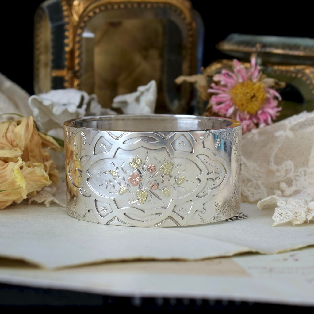 Antique Victorian Sterling Silver Wide Cuff Bangle Circa 1880