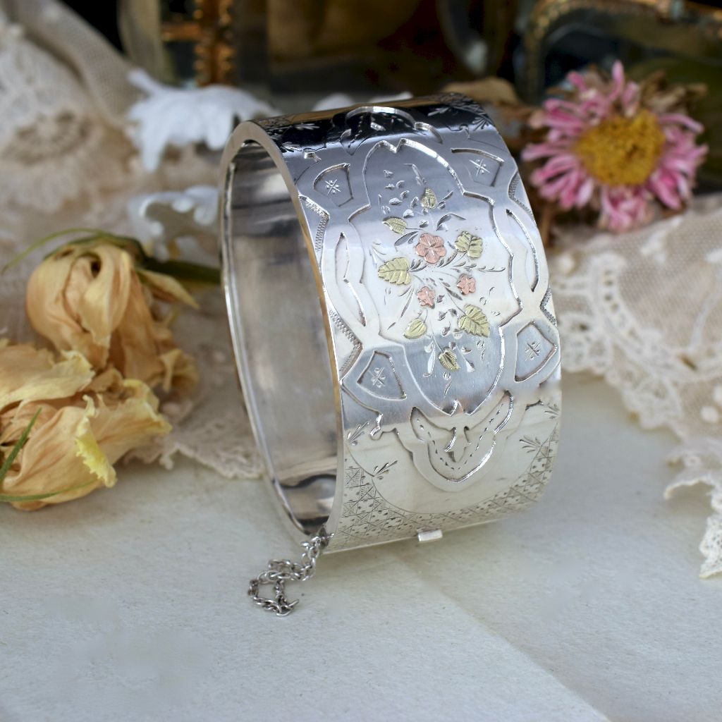 Antique Victorian Sterling Silver Wide Cuff Bangle Circa 1880