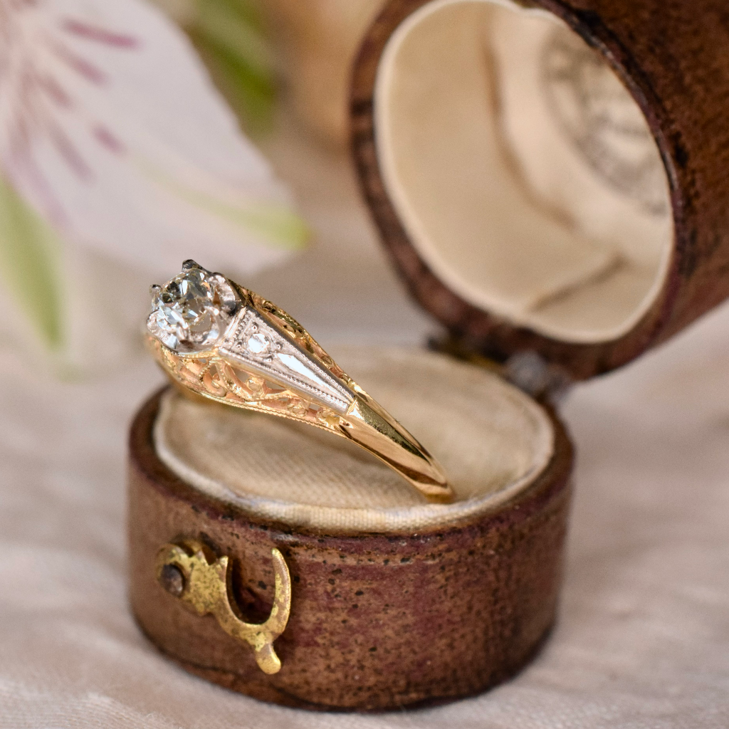 Antique Late Art Deco Era 18ct Yellow Gold - Platinum And Diamond Ring Circa 1940