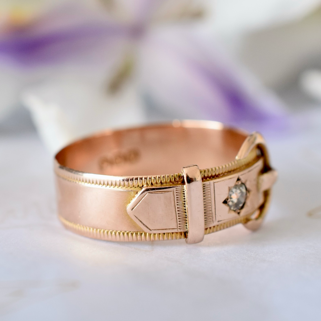 Antique Australian 9ct Rose Gold Diamond Buckle Ring By Willis and Sons Circa 1910