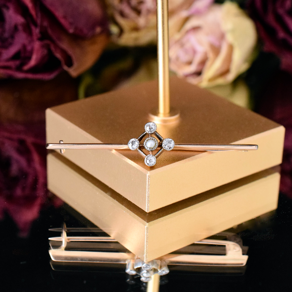 Antique Edwardian 15ct Rose Gold Pearl And Diamond Bar Brooch