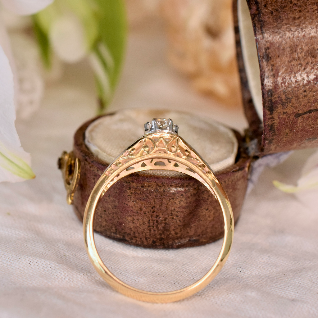 Antique Late Art Deco Era 18ct Yellow Gold - Platinum And Diamond Ring Circa 1940