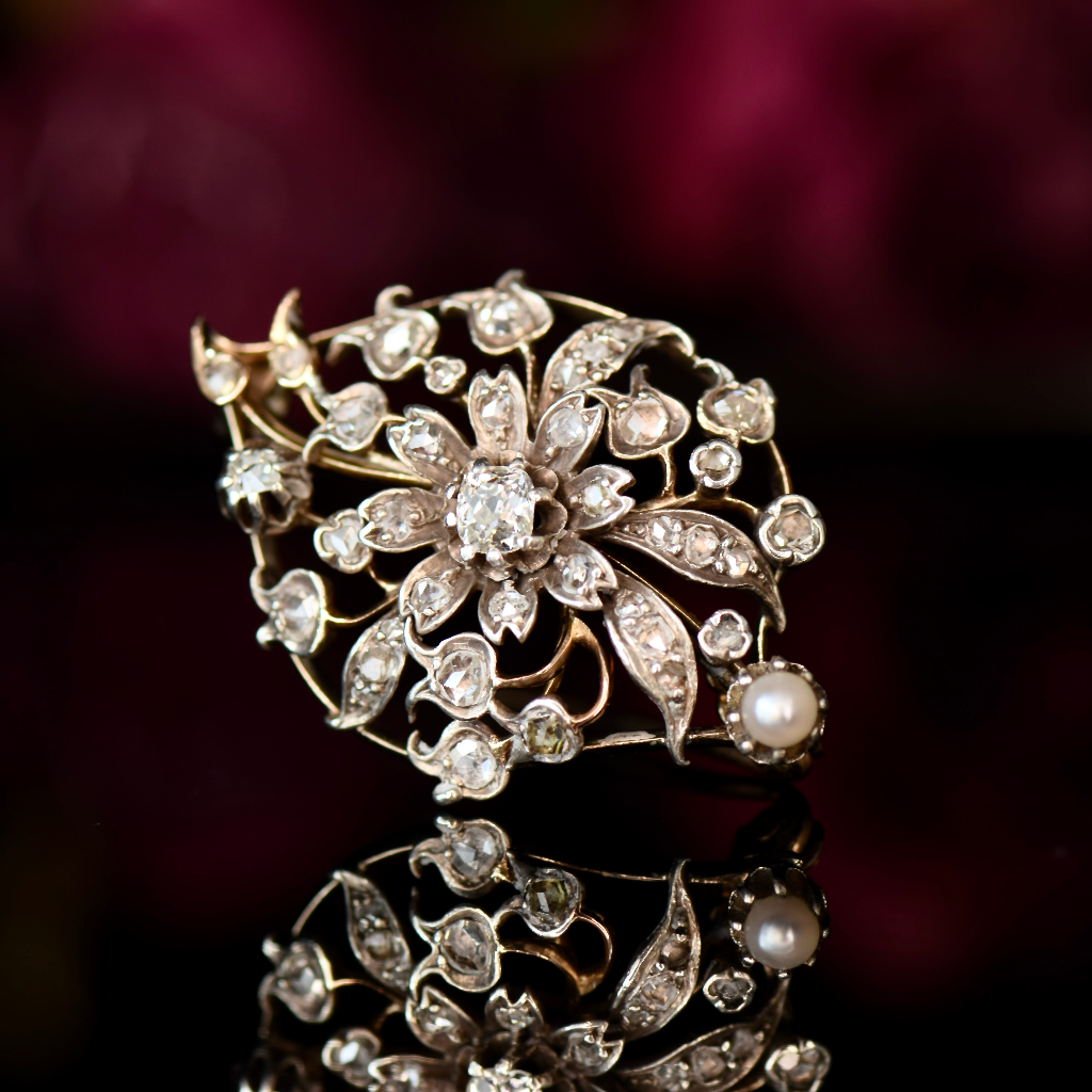 Antique Victorian 9ct And Silver Old Mine / Rose Cut Diamond Brooch Circa 1890