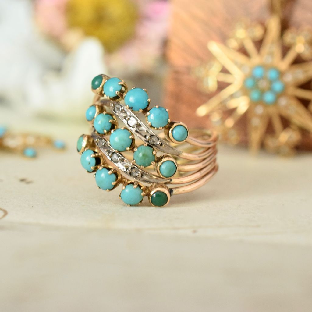 Early To Mid Century 14ct Rose Gold Turquoise And Diamond ‘Harem’ Ring