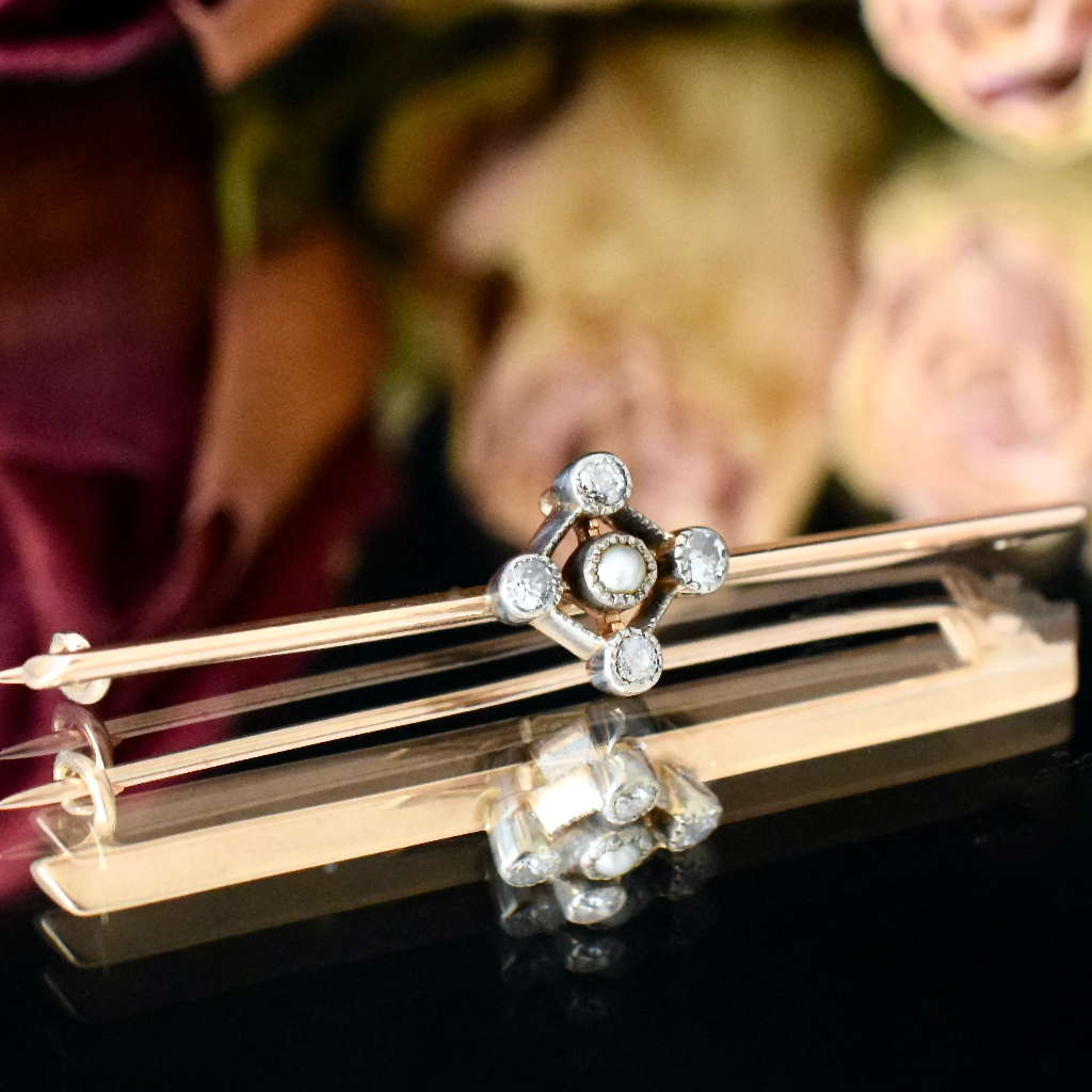 Antique Edwardian 15ct Rose Gold Pearl And Diamond Bar Brooch