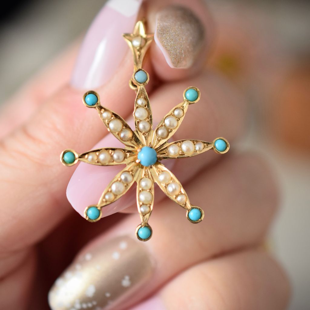 Antique Australian 15ct Gold Turquoise Seed Pearl Pendant By Duggin, And Shappere And Co Circa 1910
