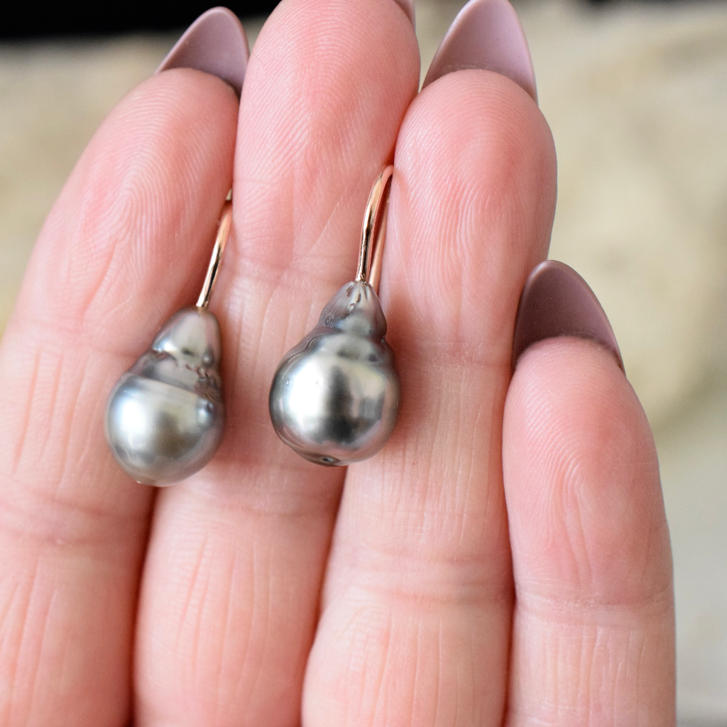 Modern 9ct Rose Gold Baroque Tahitian Pearl Earrings
