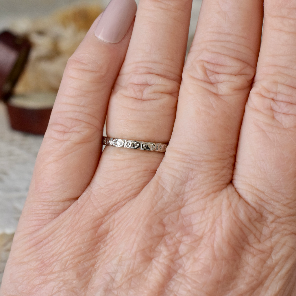 Antique Art Deco Era Australian 18ct White Gold Patterned Wedding Ring By ‘Dunklings’ Circa 1930’s