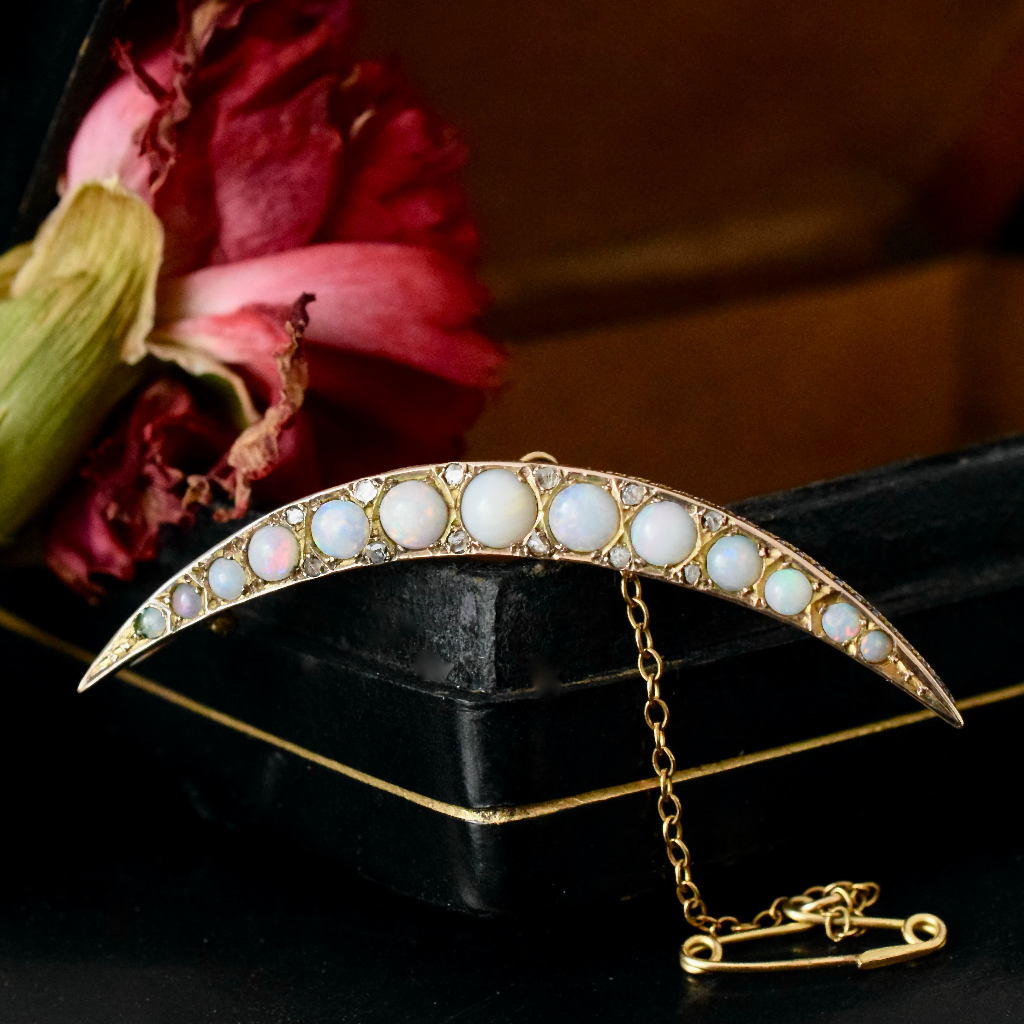 Antique Edwardian 9ct Rose Gold Opal And Diamond Half Crescent Brooch Circa 1910
