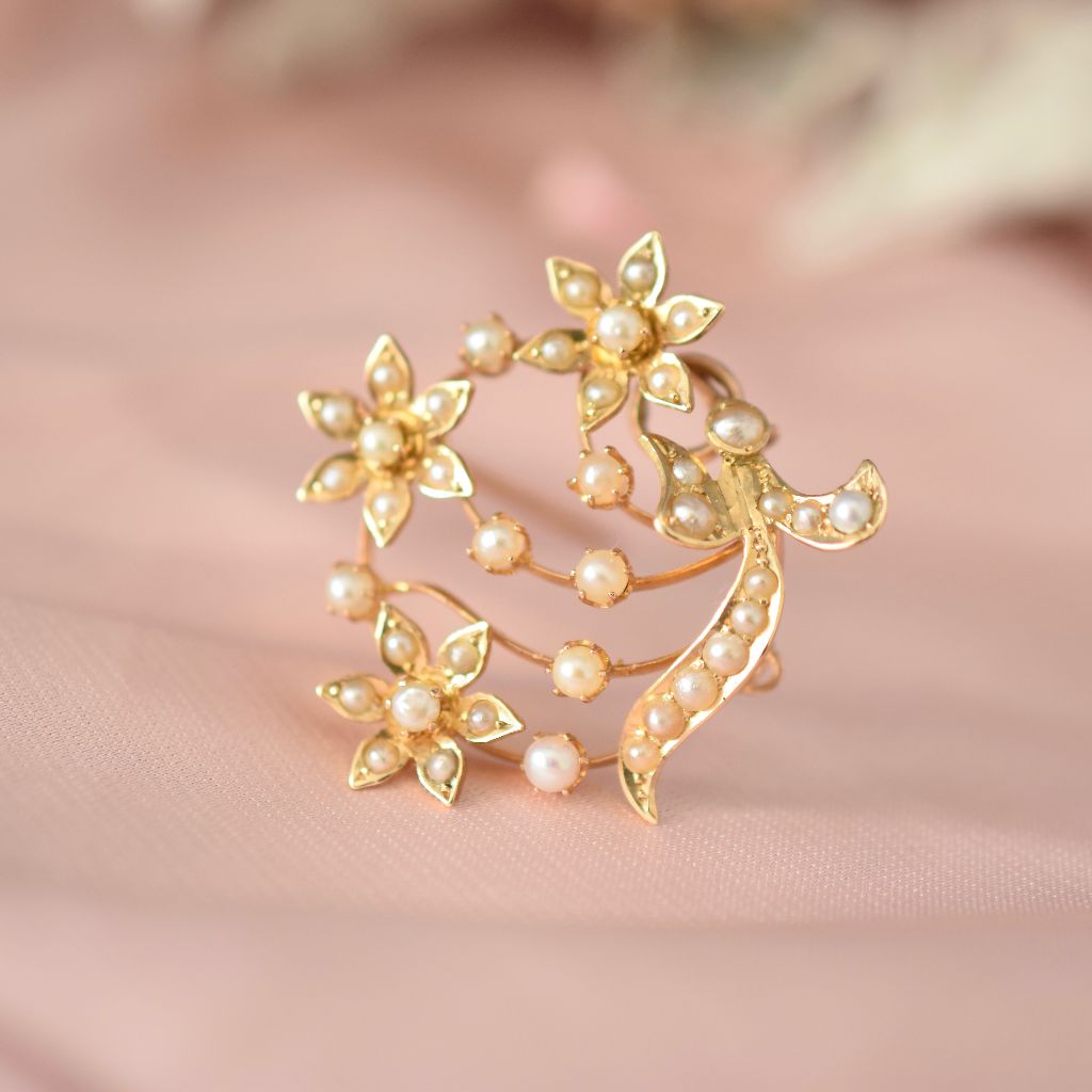 Antique Australian 15ct Yellow Gold Floral Seed Pearl Pendant/Brooch By Willis And Sons