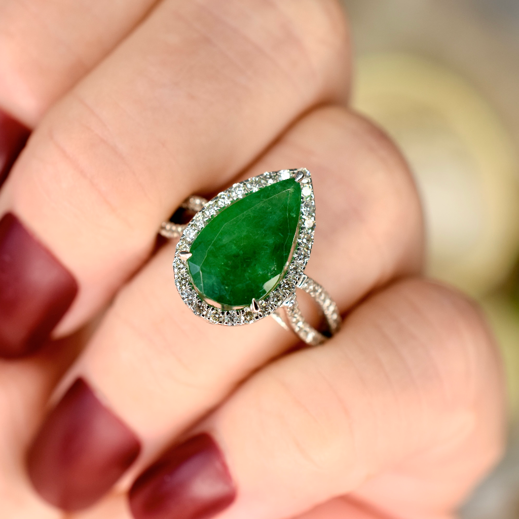 Modern 14ct White Gold Pear-Shape Emerald And Diamond Ring Independent Insurance/Retail Replacement Valuation Included For $8,250 AUD