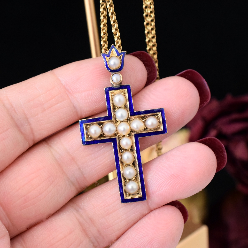 Antique Victorian 15ct Yellow Gold Blue Enamel And Pearl Cross Circa 1870-1890