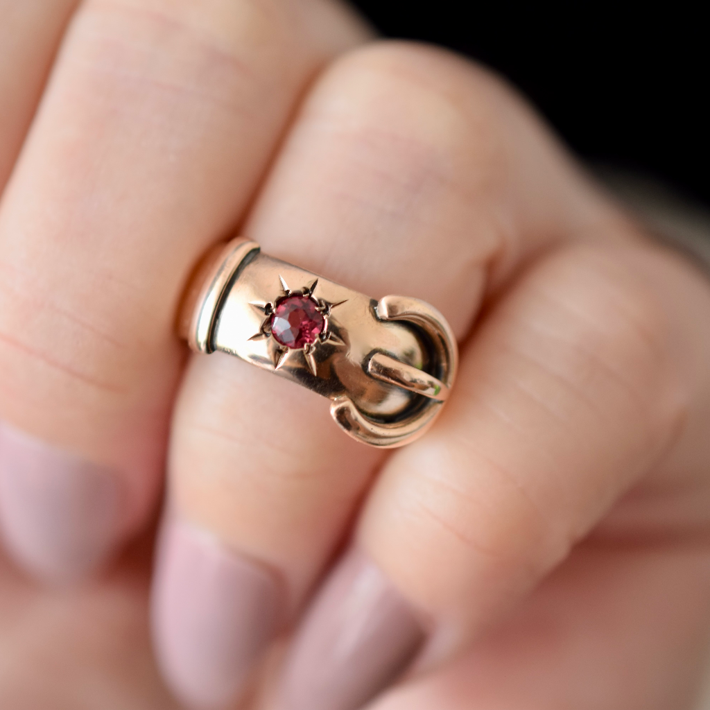 Antique Australian 9ct Rose Gold And Garnet Wide Buckle Ring Circa 1915 Independent Valuation Included For $2,800 AUD
