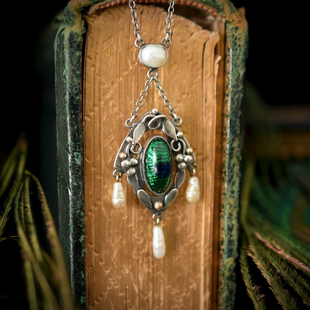 Antique Arts & Crafts Sterling Silver Peacock Enamel Pendant 1904