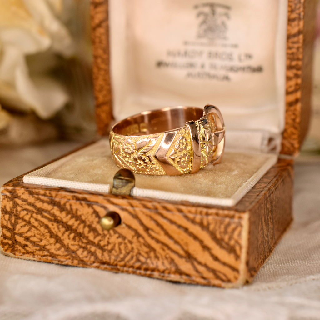 Antique 9ct Rose Gold Wide Buckle Ring By Kinsey Bros & Patrick Circa 1910
