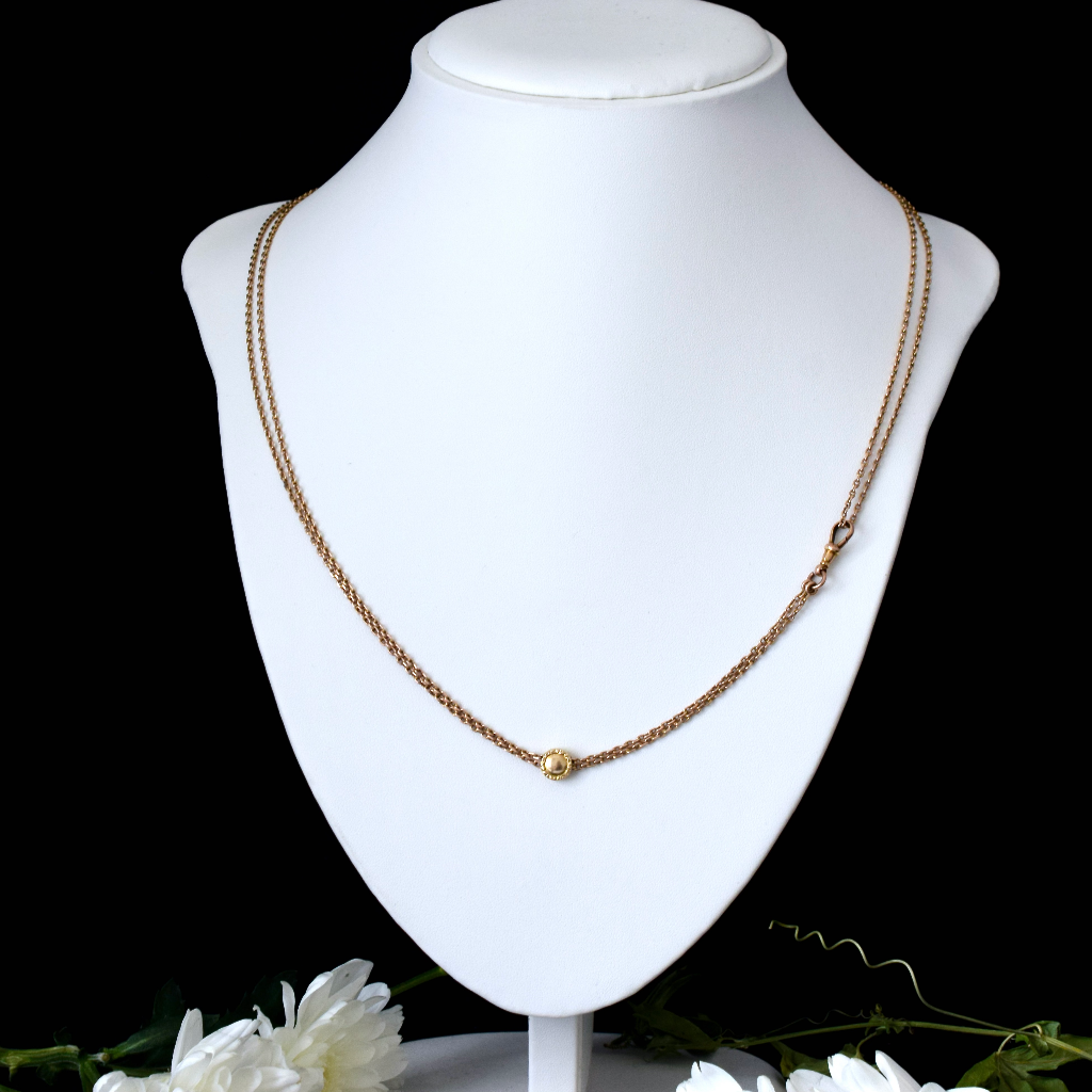 Antique Late Victorian / Edwardian 9ct Rose Gold Amethyst And Pearl Long Guard Chain Circa 1900