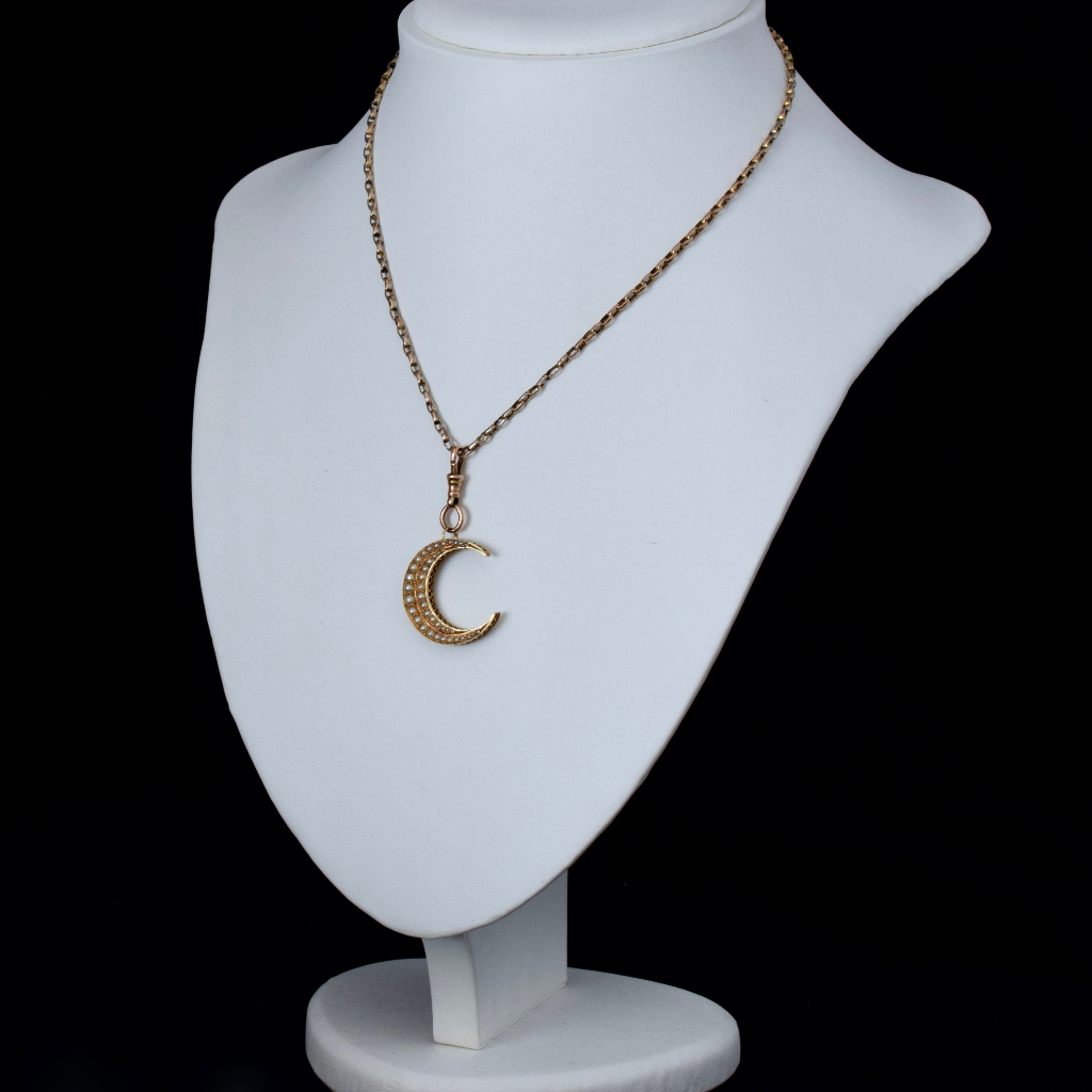 Antique Australian 18ct Rose Gold Seed Pearl Crescent Pendant Circa 1910