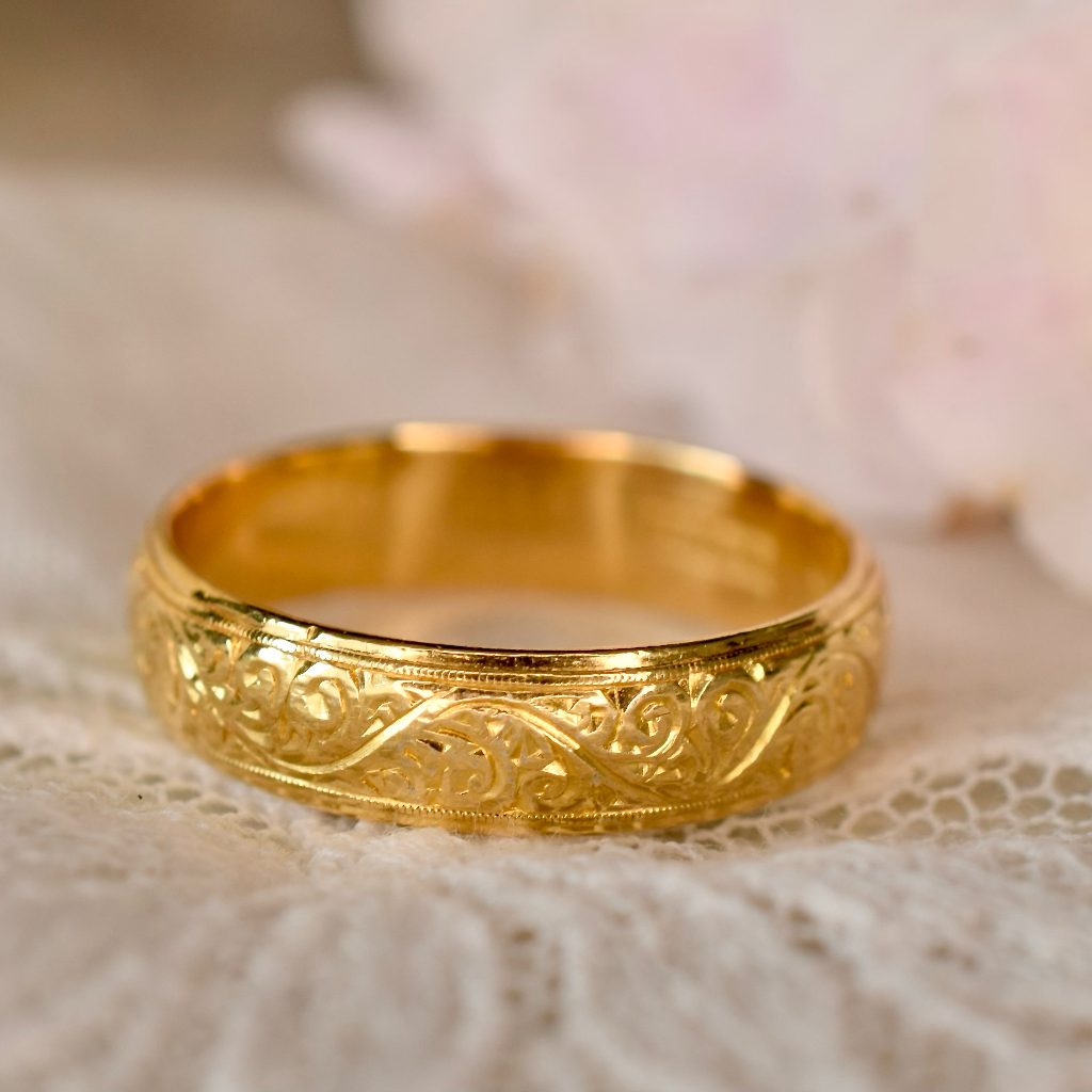 Vintage 22ct Yellow Gold Floral Pattern Band By Lawson, Ward And Gammage London 1959