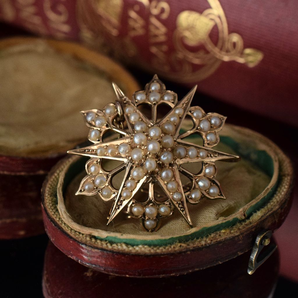 Antique Australian 15ct Yellow Gold Pearl Celestial ‘Starburst’ Brooch/Pendant By Willis And Sons Circa 1890