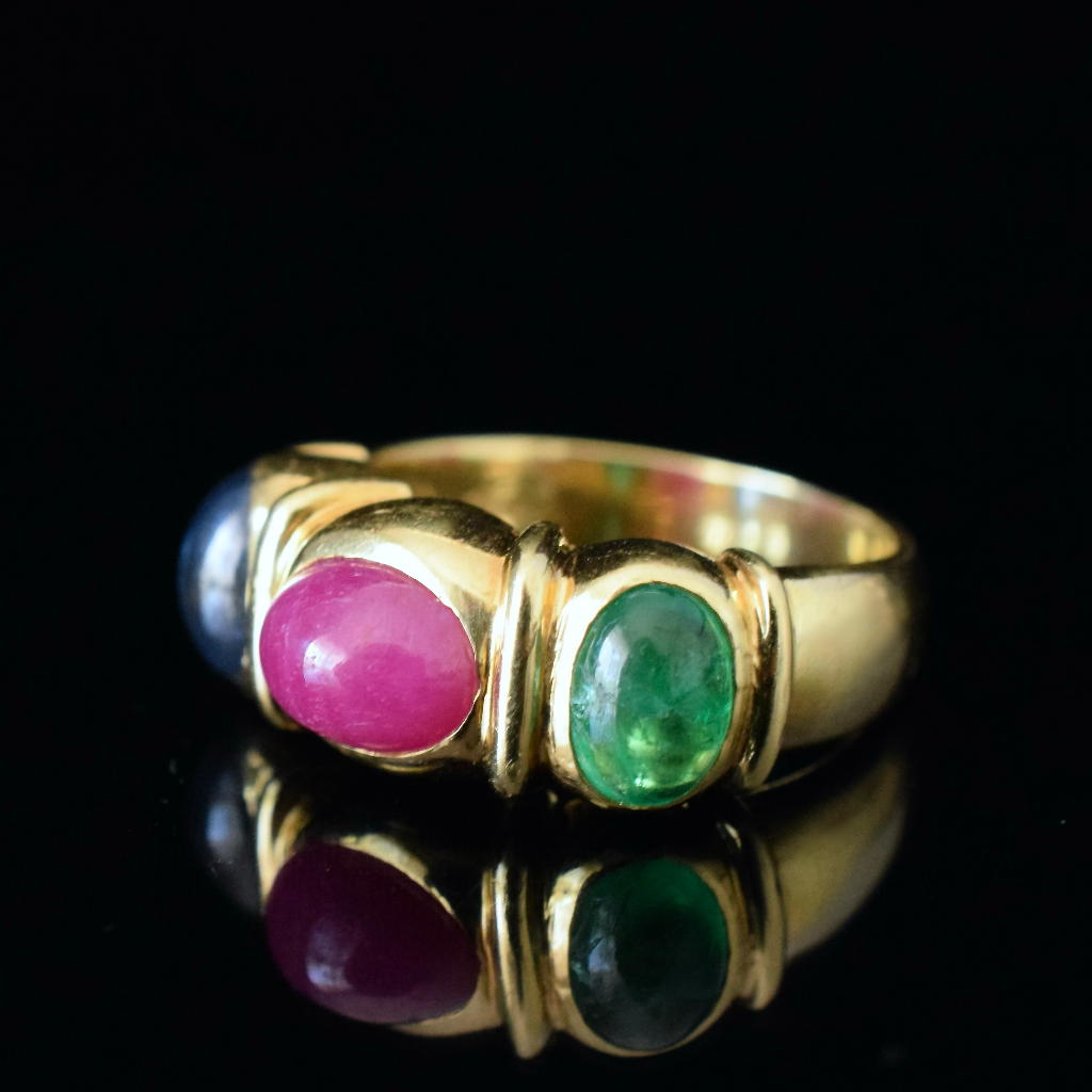 Modern 18ct Yellow Gold Cabochon Ruby-Sapphire-Emerald Ring Independent Insurance Valuation For $4,750 AUD