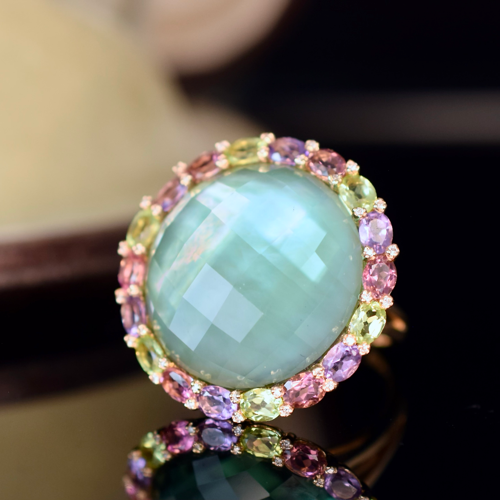 Modern 18ct Yellow Gold Tourmaline, Amethyst, Peridot, Pink And Mauve Sapphire And Diamond Ring Independent Valuation Included For $6,000 AUD