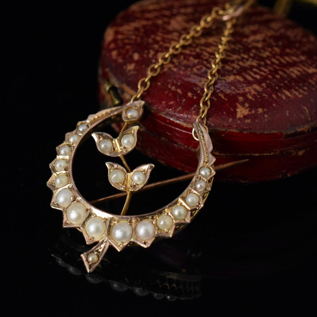 Antique Australian 9ct Yellow Gold Seed Pearl Crescent Brooch / Pendant By Willis and Sons Circa 1910
