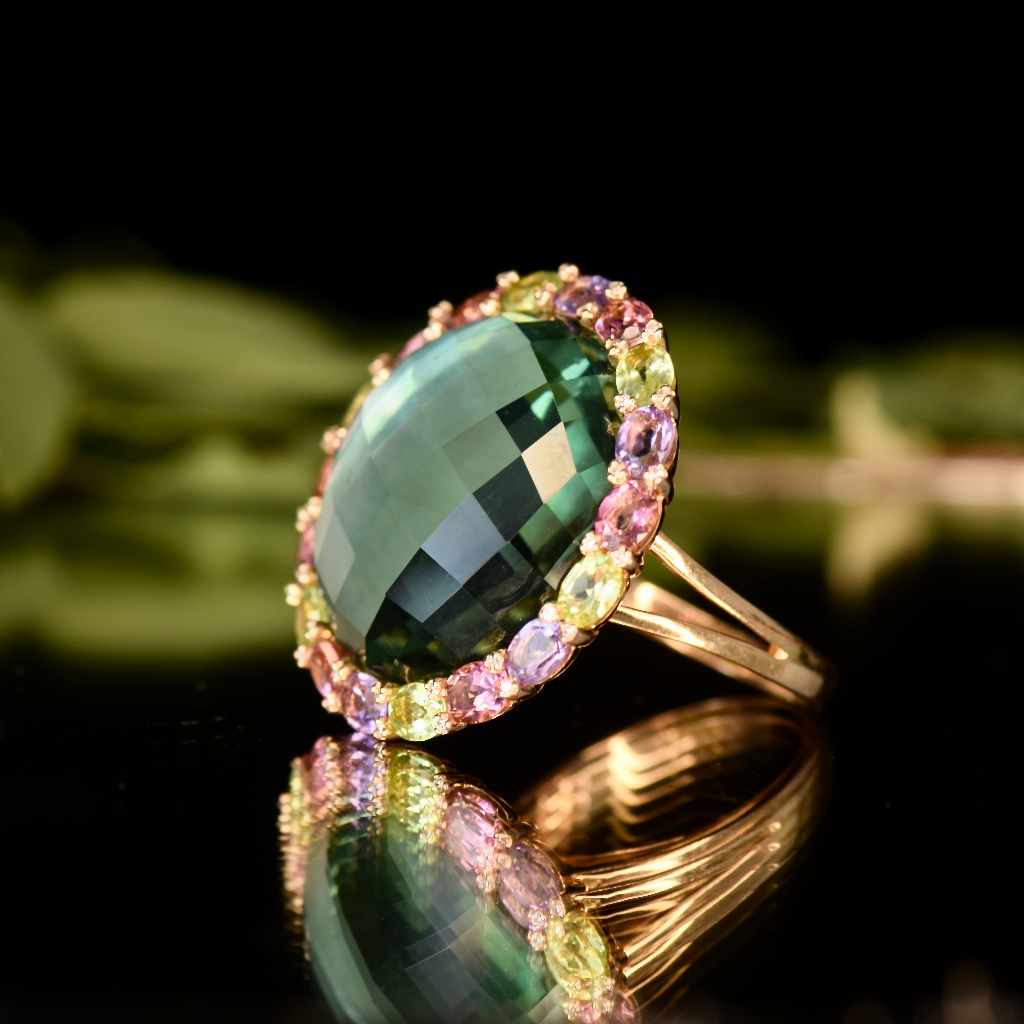 Modern 18ct Yellow Gold Tourmaline, Amethyst, Peridot, Pink And Mauve Sapphire And Diamond Ring Independent Valuation Included For $6,000 AUD