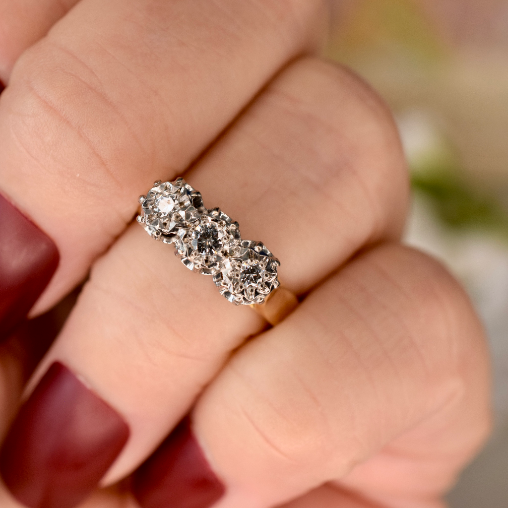 Vintage 18ct Yellow Gold And Palladium Diamond Trilogy Ring Circa 1940’s