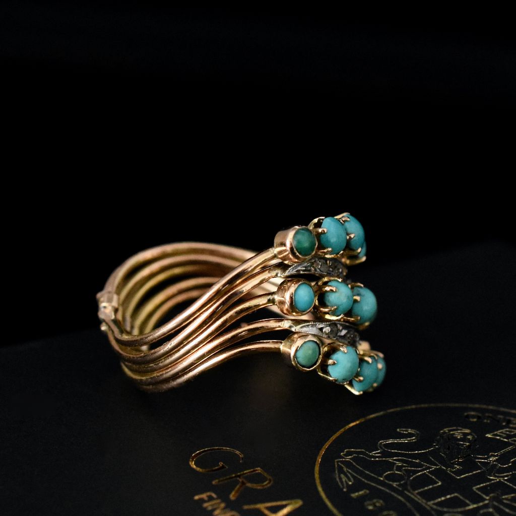 Early To Mid Century 14ct Rose Gold Turquoise And Diamond ‘Harem’ Ring