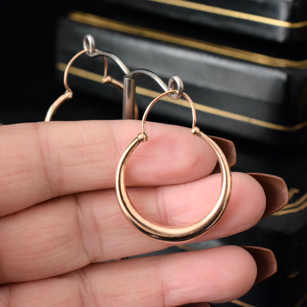 Antique Art Deco Era 9ct Rose Gold Hoop Earrings by Joseph Smith & Sons Birmingham 1919