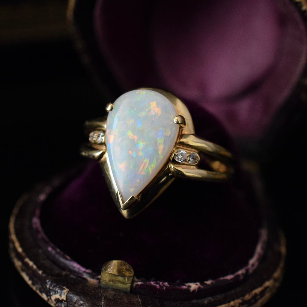 Modern 14ct Yellow Gold Solid Opal Diamond Ring