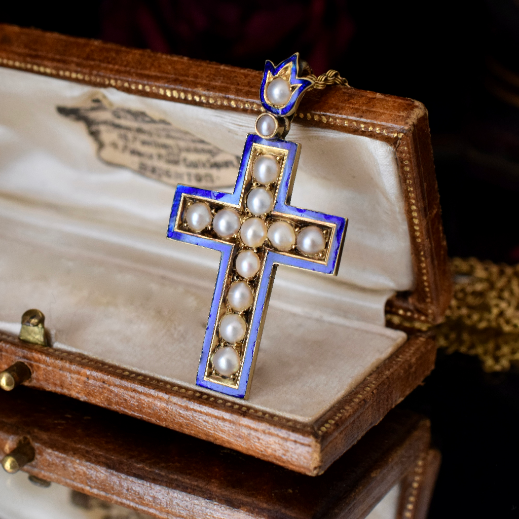 Antique Victorian 15ct Yellow Gold Blue Enamel And Pearl Cross Circa 1870-1890