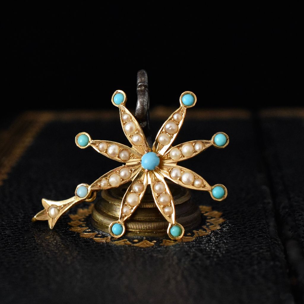 Antique Australian 15ct Gold Turquoise Seed Pearl Pendant By Duggin, And Shappere And Co Circa 1910