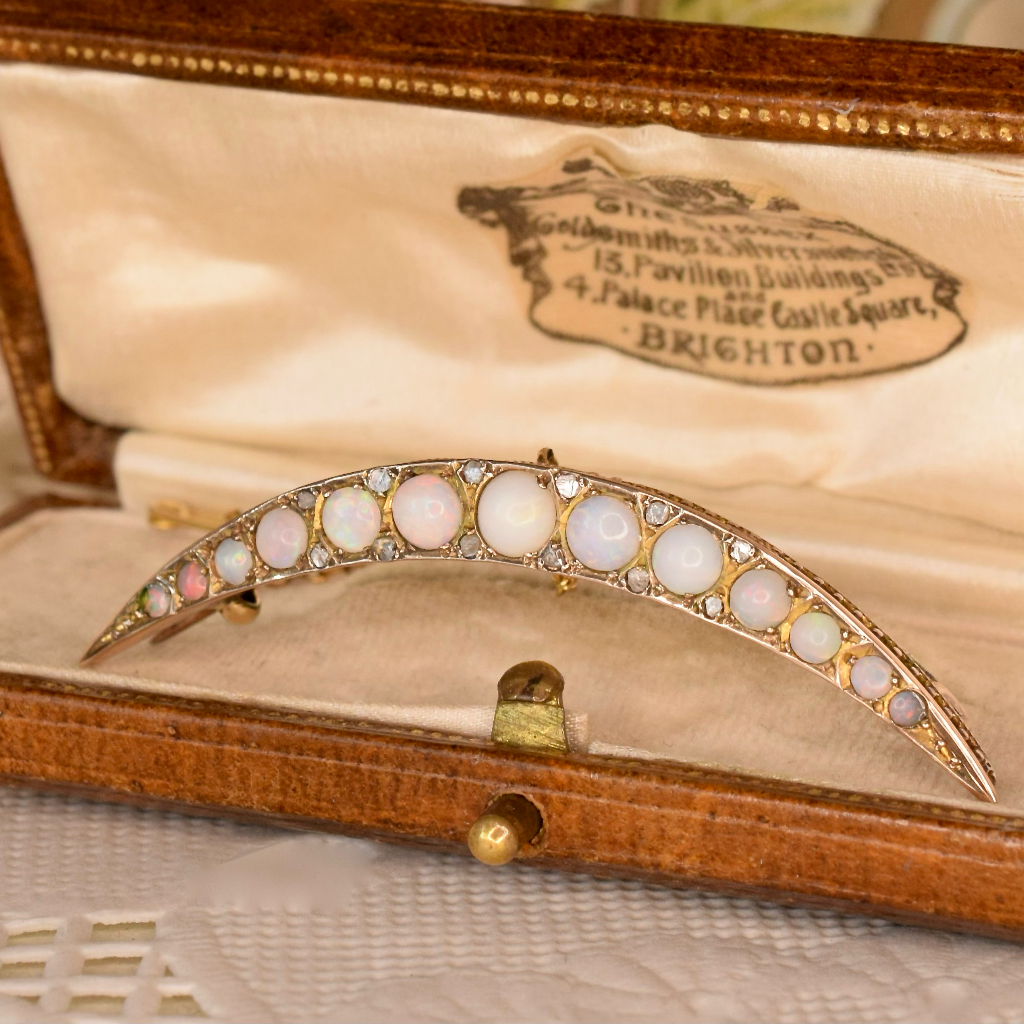 Antique Edwardian 9ct Rose Gold Opal And Diamond Half Crescent Brooch Circa 1910