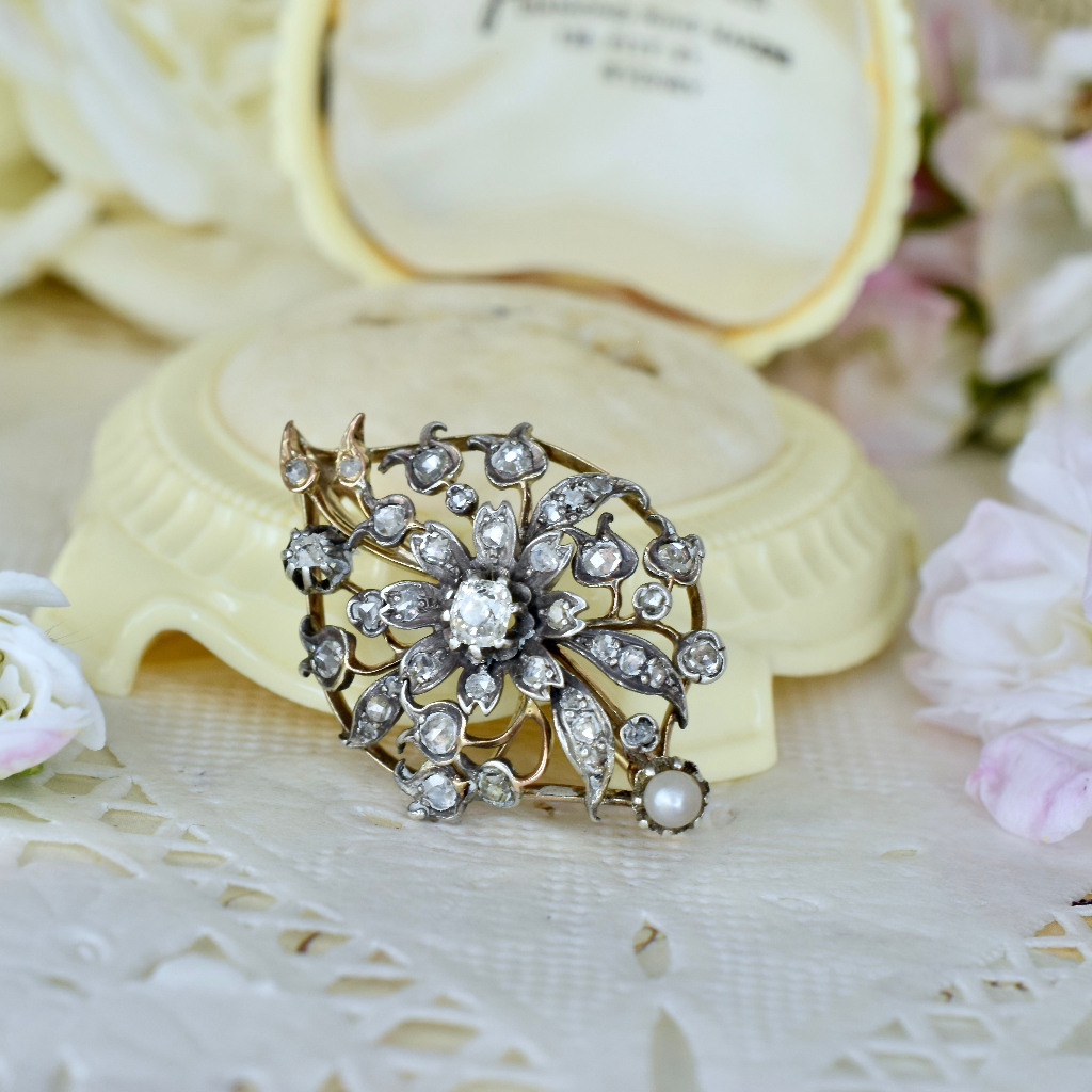 Antique Victorian 9ct And Silver Old Mine / Rose Cut Diamond Brooch Circa 1890