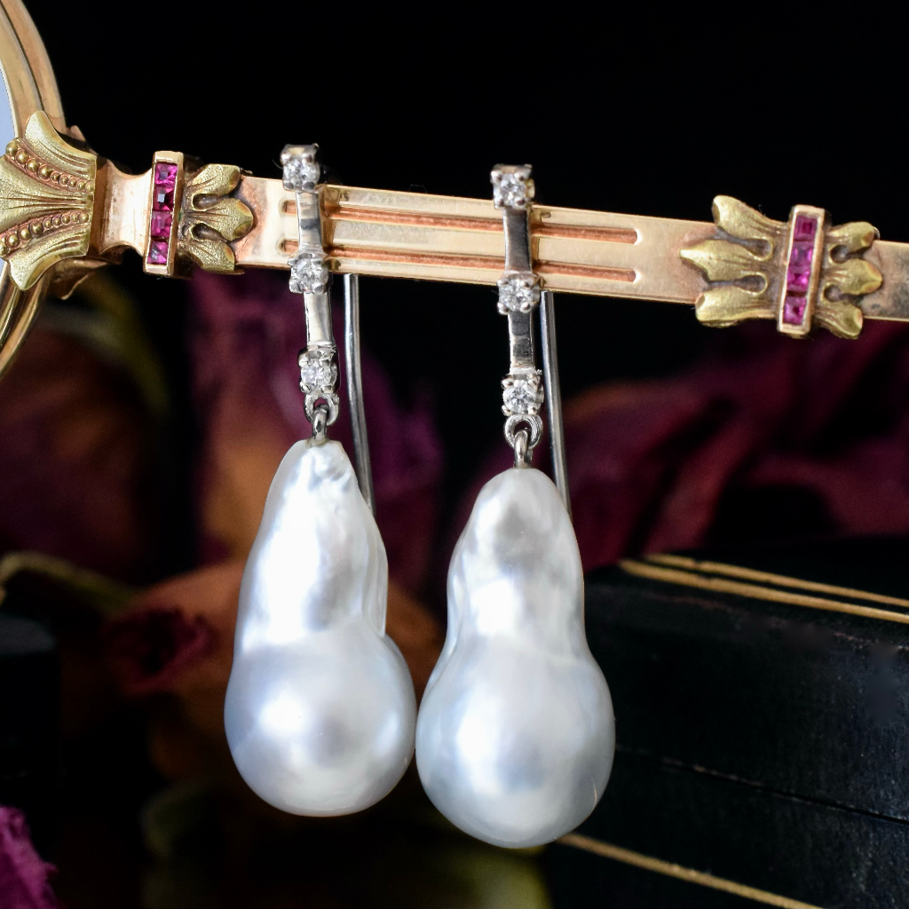 Stunning Modern 18ct White Gold Baroque Pearl And Diamond Earrings