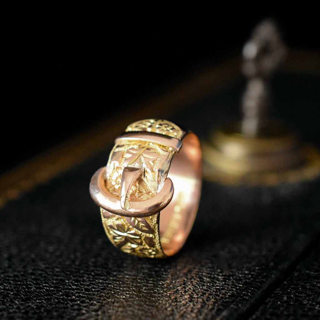 Antique 9ct Rose Gold Wide Buckle Ring By Kinsey Bros & Patrick Circa 1910