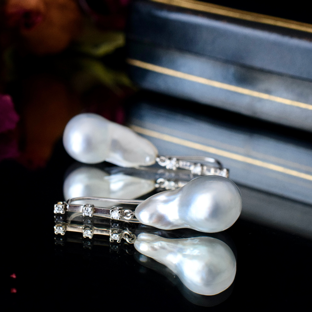 Stunning Modern 18ct White Gold Baroque Pearl And Diamond Earrings
