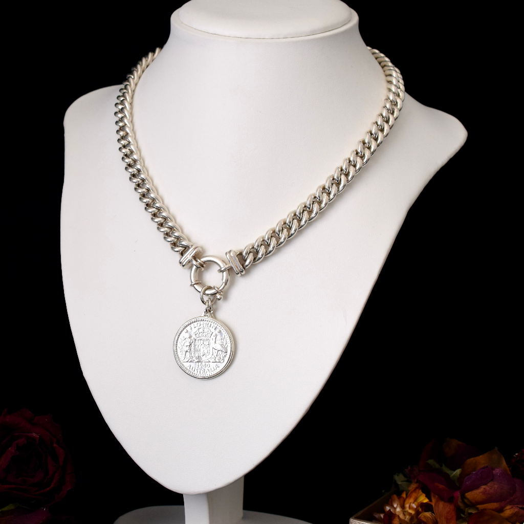 Modern Sterling Silver Heavy Curblink Chain And 1960 Australian Florin Pendent Necklace